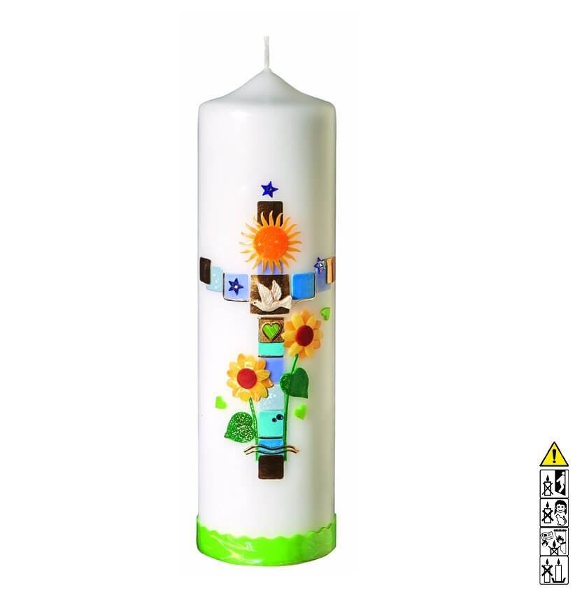 Taufkerze kaufen mit Motiv Symbole als Kreuz 250 x 70 mm