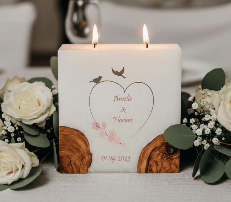 Hochzeitskerze Vogelpaar im Herz mit 2 Holzelementen und 2 Teelichter 20 x 20 cm