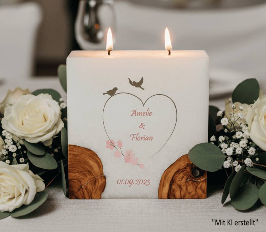 Hochzeitskerze Vogelpaar im Herz mit 2 Holzelementen und 2 Teelichter 20 x 20 cm