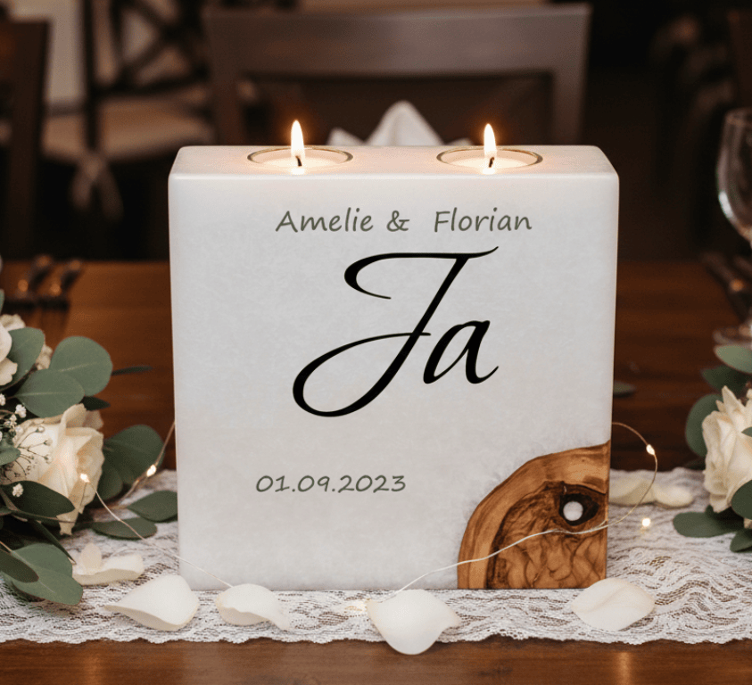 "Ja" Hochzeitskerze mit 1 Holzelement und 2 Teelichter 20 x 20 cm