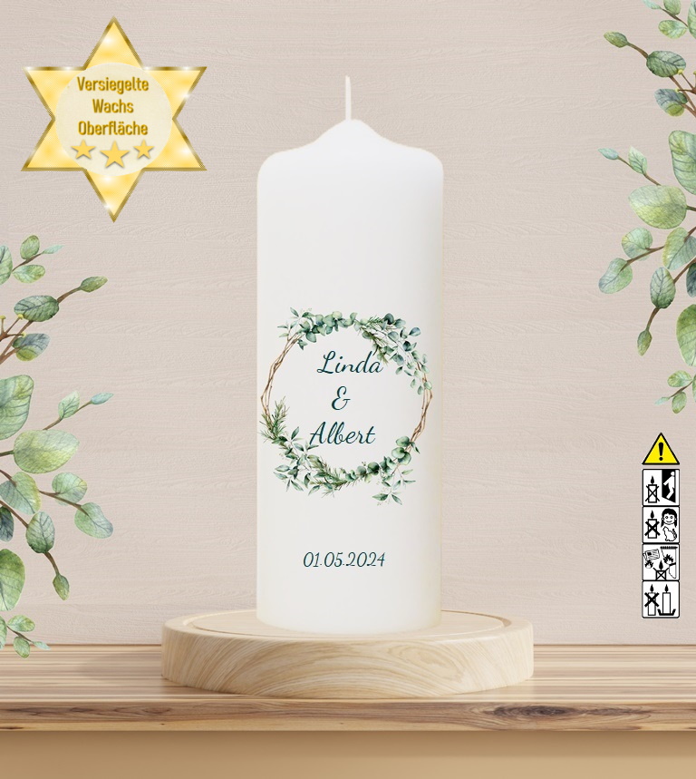Personalisierte Hochzeitskerze "Eukalyptuszweige" 25 cm Personalisierte Hochzeitskerze "Eukalyptuszweige" 25 cm