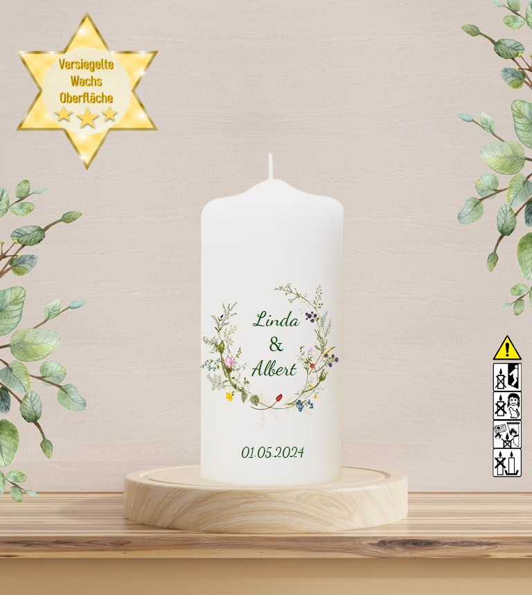 Personalisierte Hochzeitskerze "Wiesenblumen" 20 cm Personalisierte Hochzeitskerze "Wiesenblumen" 20 cm