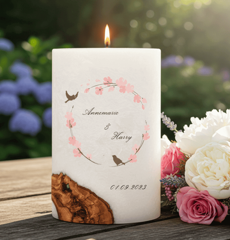 "Vogelpaar 2" Hochzeitskerze mit Holzelement. 14 x 21 cm oval mit Teelicht oder Docht