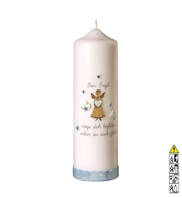 Taufkerze Dein Engel blau 200 x 60 mm Taufkerze kaufen mit Motiv Dein Engel blau 200 x 60 mm