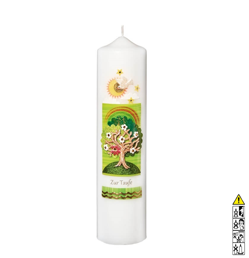 Taufkerze kaufen mit Motiv Lebensbaum mit Regenbogen 250 x 60 mm