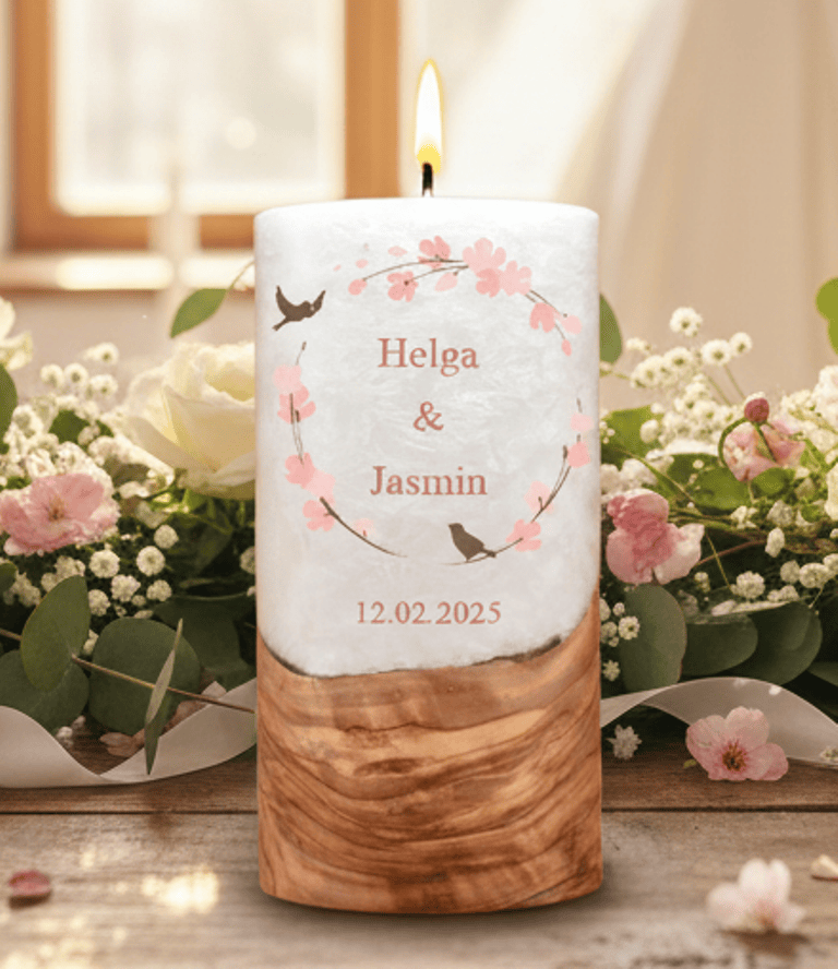 "Vogelpaar 2" Hochzeitskerze mit Holzelement 20 cm hoch