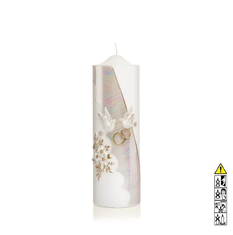 Hochzeitskerze Perlmutt 2 Tauben mit Goldverzierung 220 x 70 mm Individuelle Hochzeitskerze kaufen für die Trauung Perlmutt 2 Tauben mit Goldverzierung 220 x 70 mm