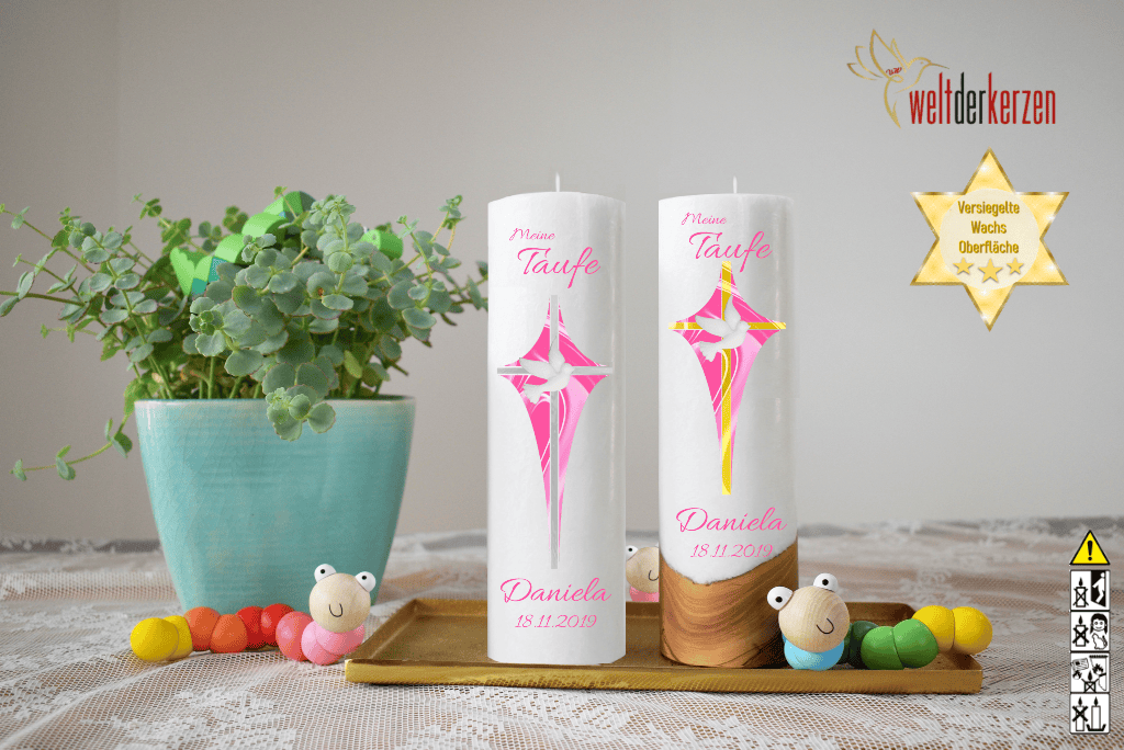Taufkerze  Ø 6 oder 7 x 25 cm "Kreuz mit Taube in Blau / Rosa" Taufkerze  Ø 6 oder 7 x 25 cm "Kreuz mit Taube in Blau / Rosa"