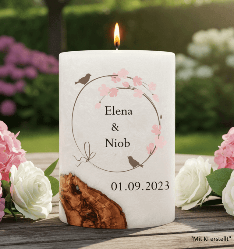 "Vogelpaar 3" Hochzeitskerze mit Holzelement. 14 x 21 cm oval mit Teelicht oder Docht