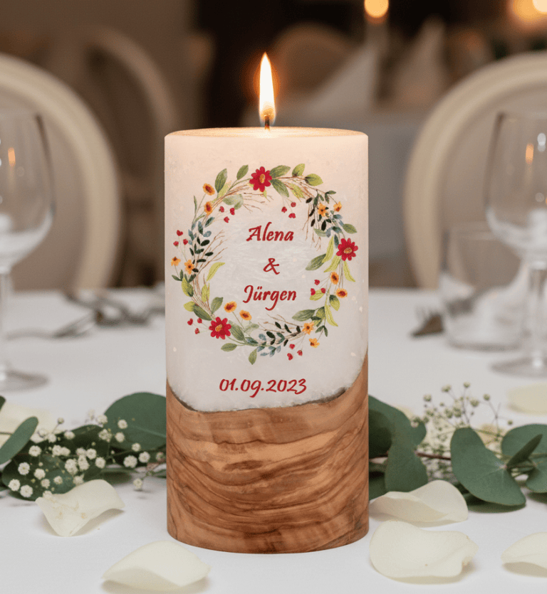 "Blumenkranz" Hochzeitskerze mit Holzelement 20 cm hoch