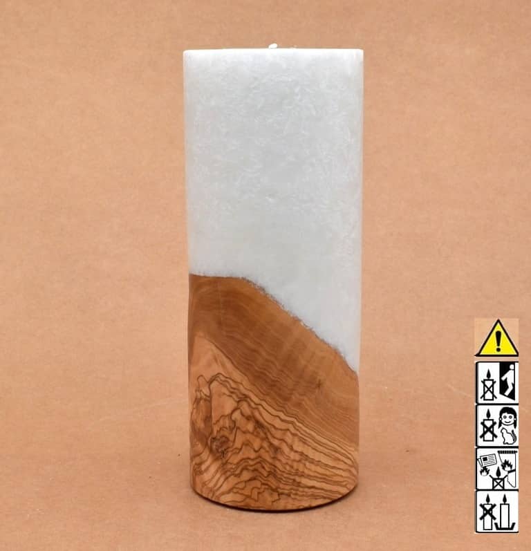 Kerze 80x200mm mit Holzelement, Individuelle, persönliche Hochzeitskerze  Holzkerze, Rund Stearinoptik, Hochzeitskerze mit Teelicht im Kerzen online Shop für Hochzeiten bestellen, günstig kaufen.