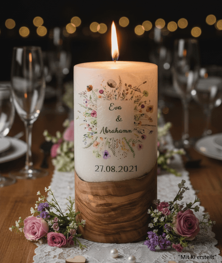 "Blumenrahmen" Hochzeitskerze mit Holzelement 20 cm hoch