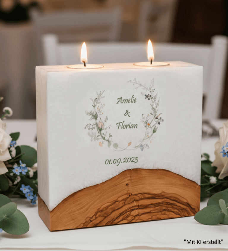 Hochzeitskerze Wiesenblumen mit Sockel und 2 Teelichter 20 x 20 cm