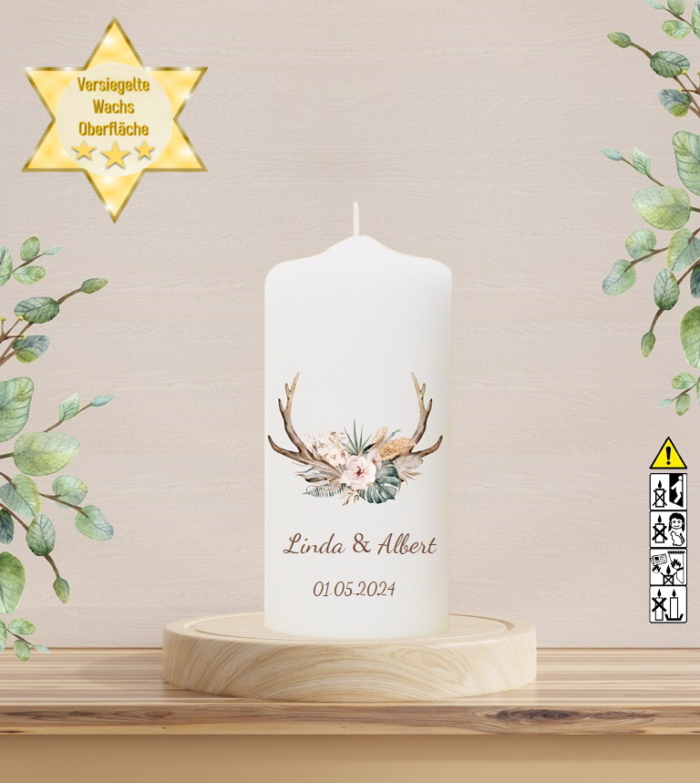 Personalisierte Hochzeitskerze "Geweih" 20 cm Personalisierte Hochzeitskerze "Geweih" 20 cm