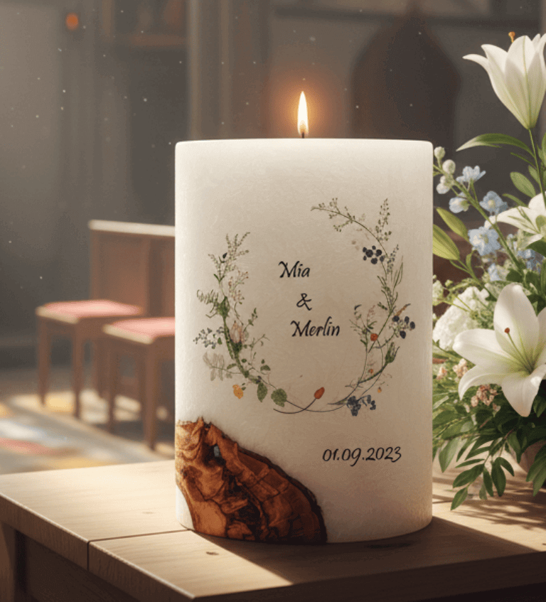 "Wiesenblumen" Hochzeitskerze mit Holzelement 14 x 21 cm oval mit Teelicht oder Docht