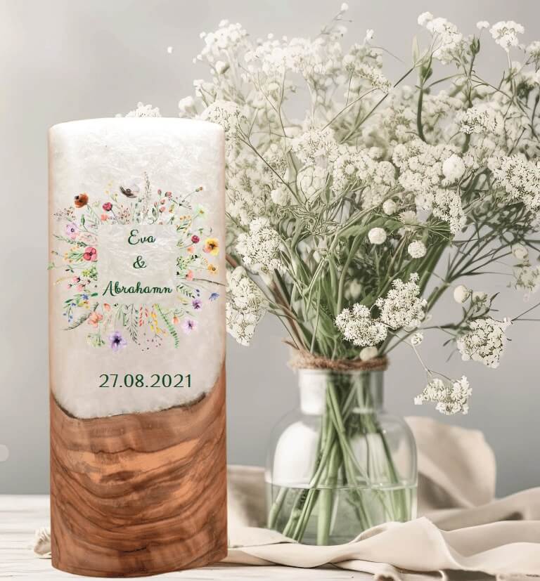 "Blumen Rahmen" Hochzeitskerze mit Holzelement 25 cm hoch