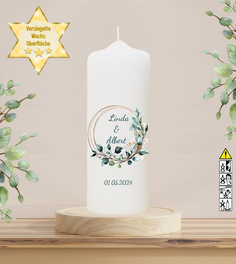 Personalisierte Hochzeitskerze "Eukalyptus Kranz gold" 25 cm Personalisierte Hochzeitskerze "Eukalyptus Kranz gold" 25 cm