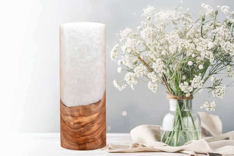 Kerze mit Holzelement für Hochzeitskerze ausgesucht. günstig in unserem Onlineshop kaufen. Personalisierte Hochzeitskerze online kaufen