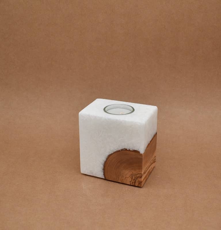 Kerze mit Holz Unikat Quader 70 x 100 x 100 mm 1 x Teelicht Nr: 6