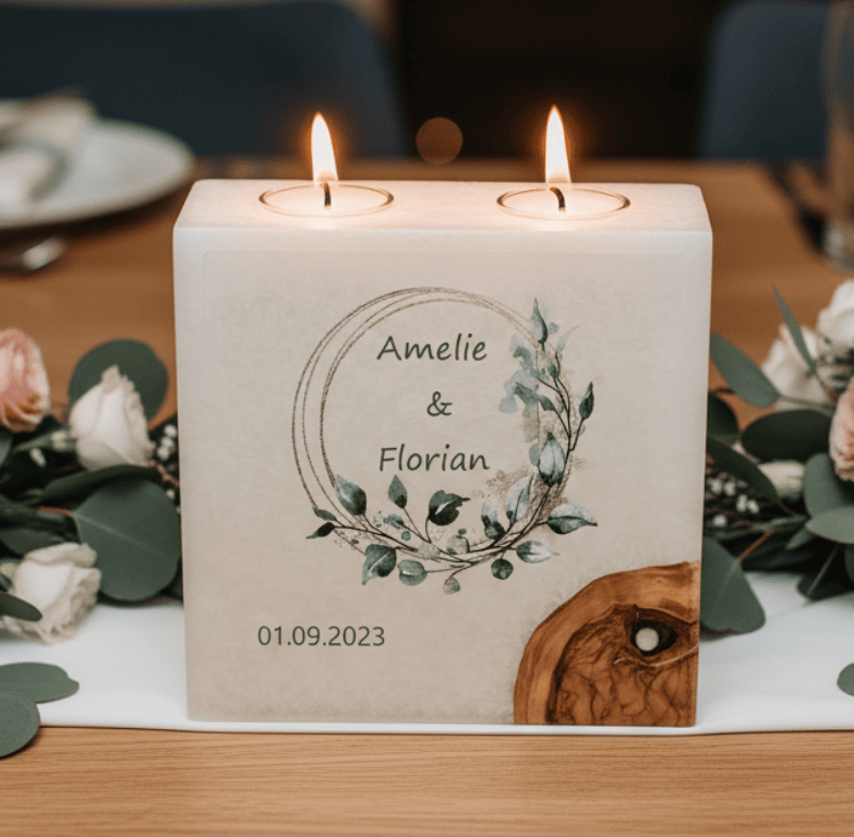 Hochzeitskerze Eukalyptus Ring in Gold mit 1 Holzelement und 2 Teelichter 20 x 20 cm