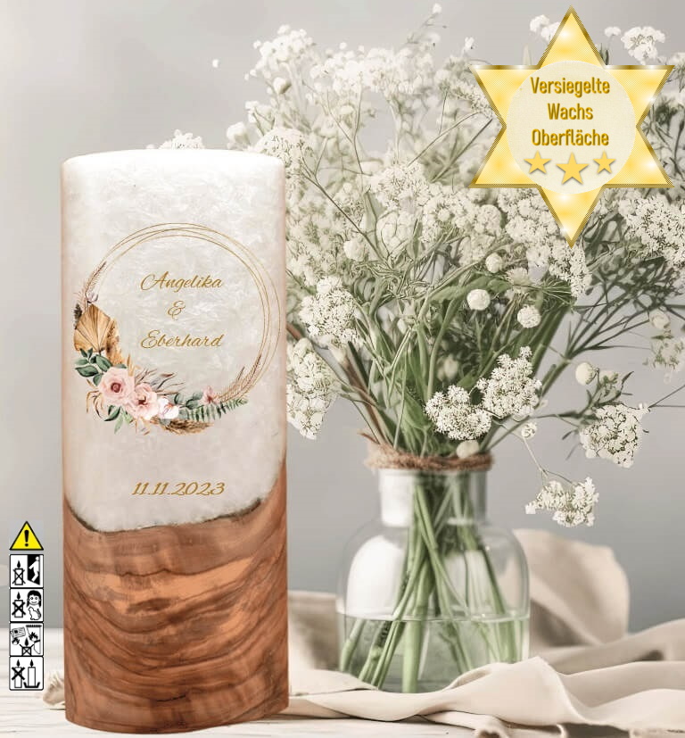 "Rustica Kranz" Hochzeitskerze mit Holzelement 25 cm hoch "Rustica Kranz" Hochzeitskerze mit Holzelement 25 cm hoch