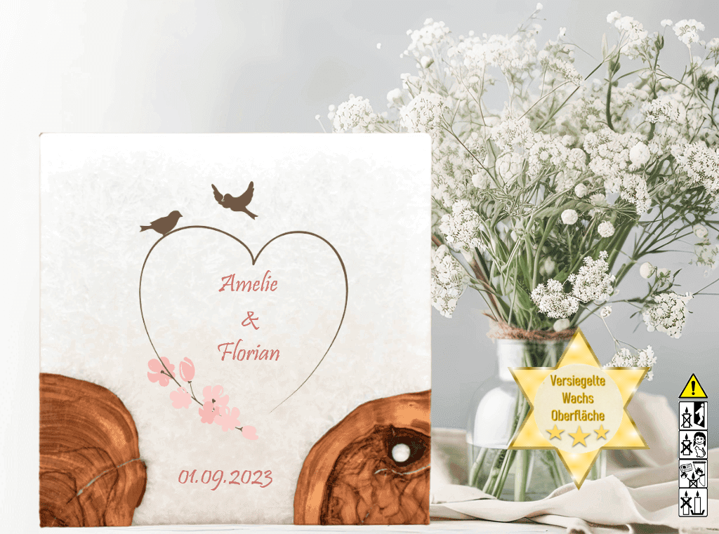 Hochzeitskerze mit Holzelement. Motiv: Vogelpaar günstig in unserem Onlineshop kaufen. Personalisierte Hochzeitskerze online kaufen