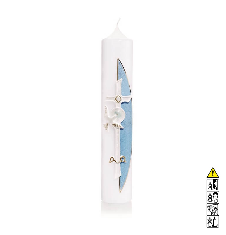 Hochwertige Taufkerze Junge Kreuz Taube in weiss Verzierung blau gold 265 x 50 mm