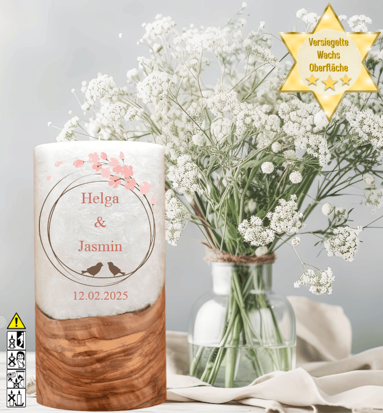 Hochzeitskerze mit Holzelement. Motiv: Vogelpaar Hochzeitskerze mit Holzelement. Motiv: Vogelpaar günstig in unserem Onlineshop kaufen. Personalisierte Hochzeitskerze online kaufen