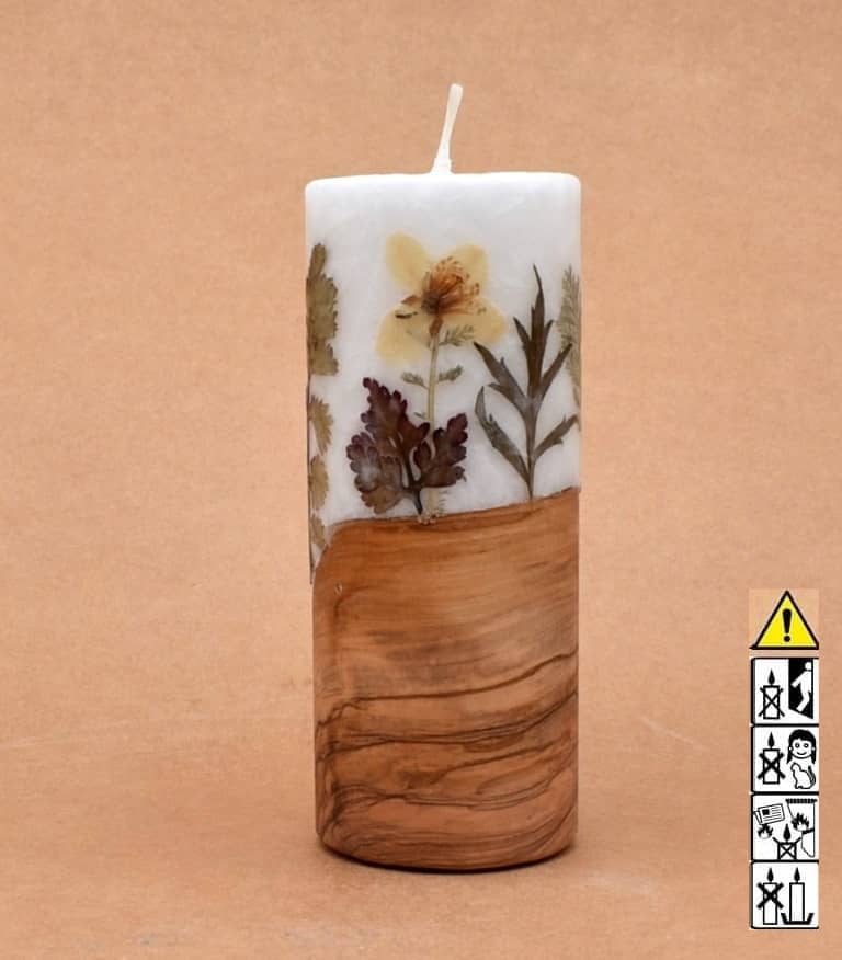 Blumendekor handgefertigt Stumpen Ø 60 x 150 mm mit Holz