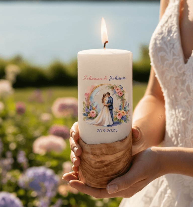 "Brautpaar im Rosenbogen" 25 cm Hochzeitskerze mit Holzelement