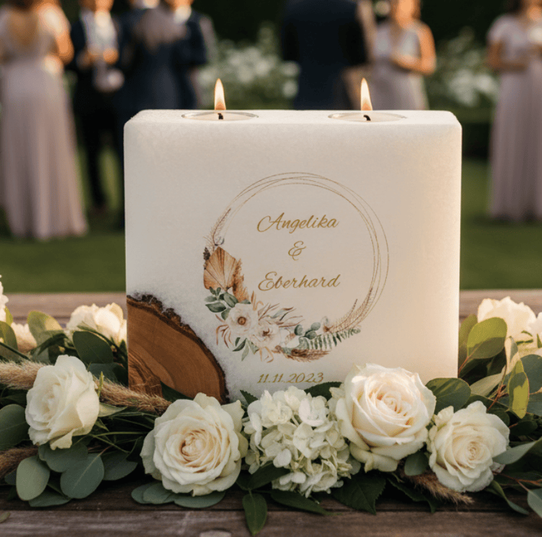 "Rustica Kranz" Hochzeitskerze mit 1 Holzelement und 2 Teelichter 20 x 20 cm