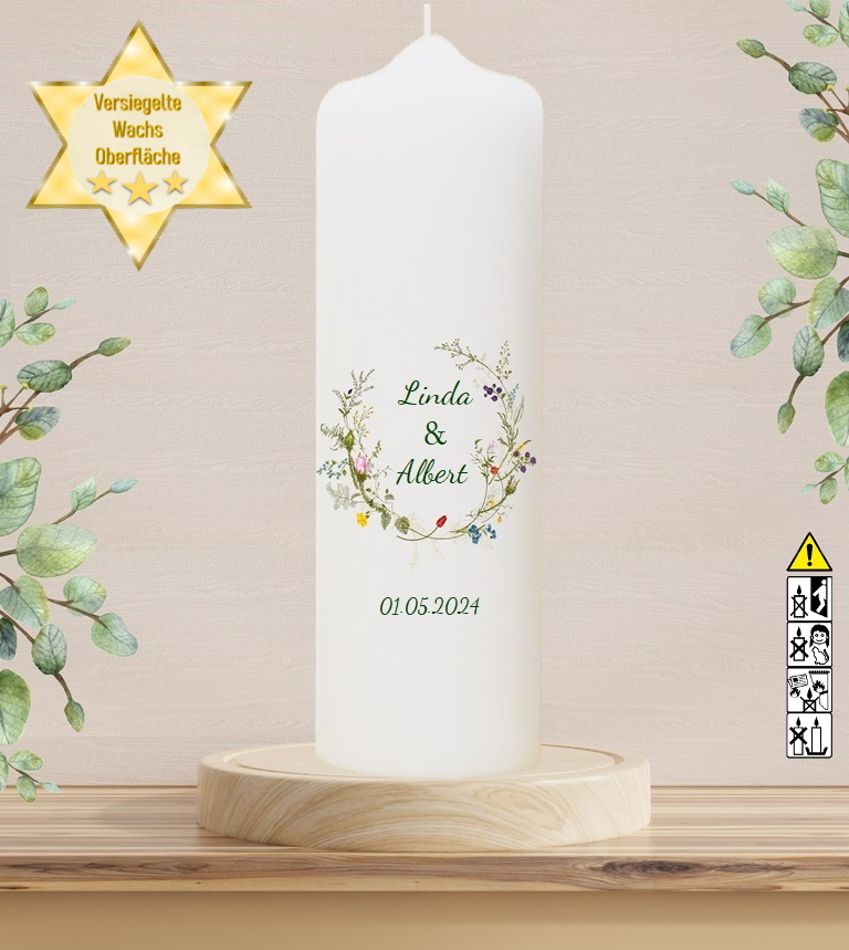 Personalisierte Hochzeitskerze "Wiesenblumen" 30 cm Personalisierte Hochzeitskerze "Wiesenblumen" 30 cm