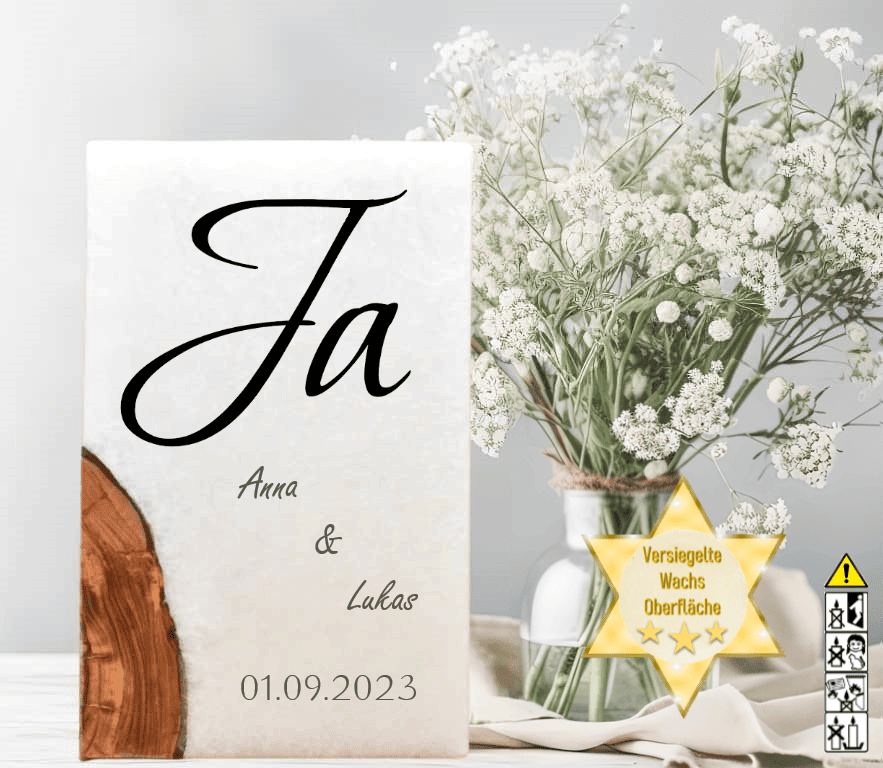 Hochzeitskerze mit Holzelement. Motiv: Ja günstig in unserem Onlineshop kaufen. Personalisierte Hochzeitskerze online kaufen