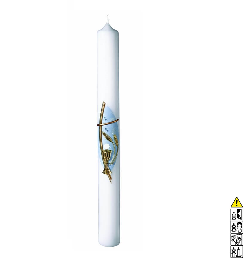 Kommunionkerze / Konfirmationskerze Kelch mit Kreuz gold hellblau 400 x 40 mm Kommunionkerze und Konfirmationkerze kaufen mit Motiv. Kelch mit Kreuz gold hellblau 400 x 40 mm