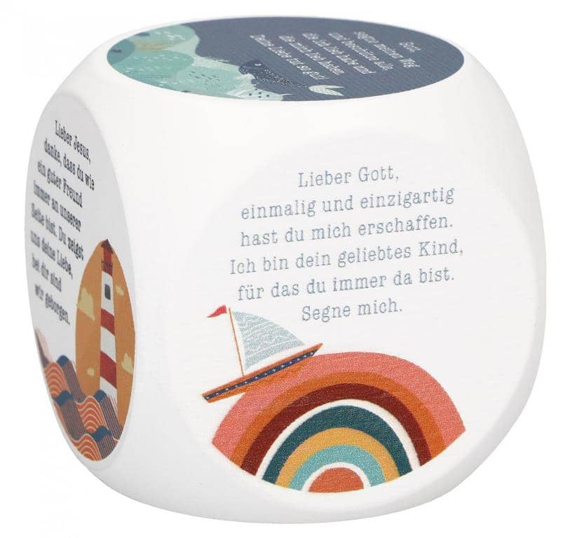 Gebetswürfel Dankgebete 6x6 cm, aus Buchenholz, weiß lackiert und mit farbiger Prägung