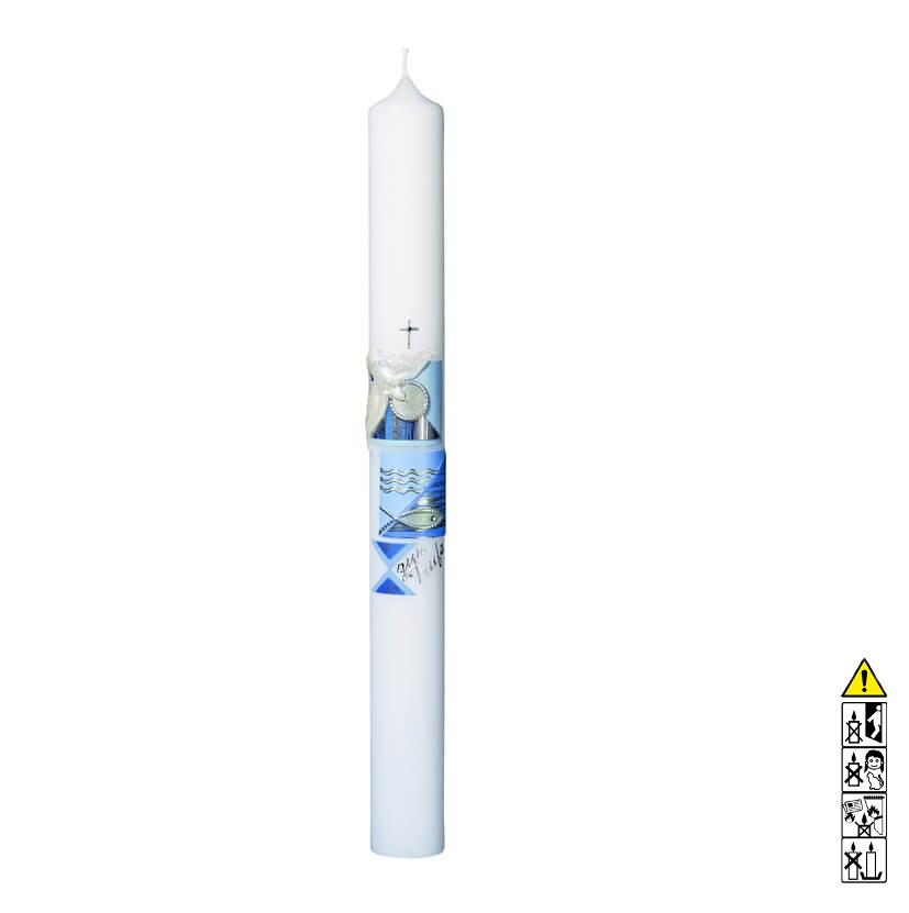 Taufkerze Taube Fisch Kreuz in hellblau 400 x 40 mm Taufkerze kaufen mit Motiv Taube Fisch Kreuz in hellblau 400 x 40 mm
