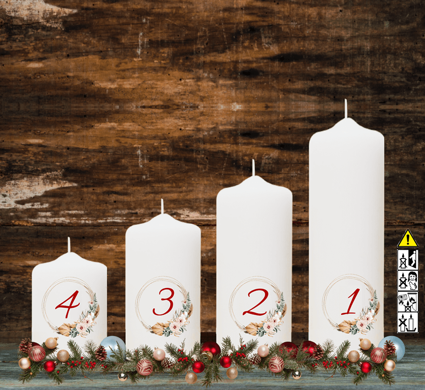 Adventskranzkerzen "Trockenblumen Kranz" 4-Set abgestuft Adventskranzkerzen "Trockenblumen Kranz" 4-Set abgestuft