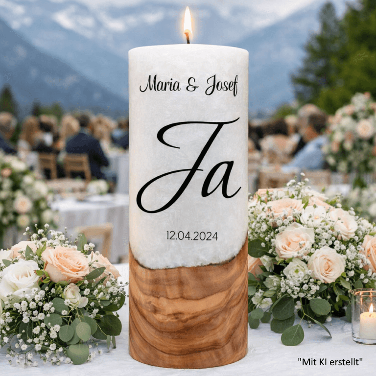 "Ja" Hochzeitskerze mit Holzelement 30 cm hoch
