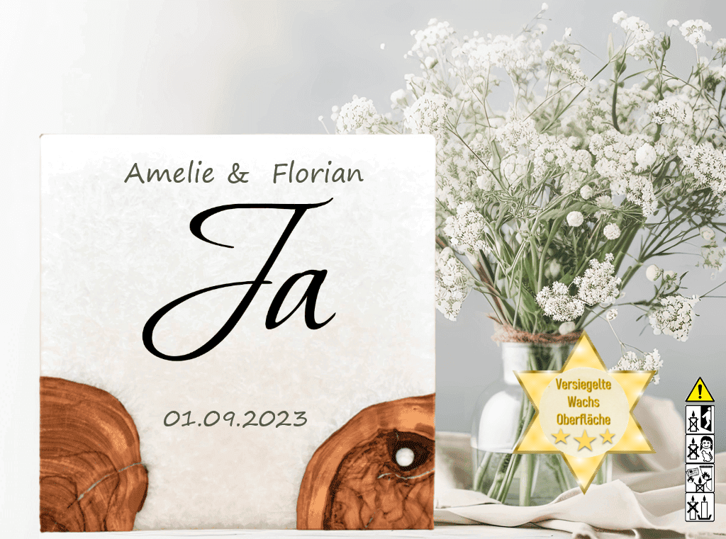 Hochzeitskerze mit Holzelement. Motiv: Ja günstig in unserem Onlineshop kaufen. Personalisierte Hochzeitskerze online kaufen