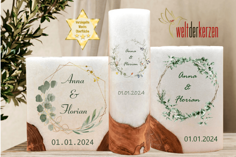 Kerze mit Holzelement, Individuelle, persönliche Hochzeitskerze  Holzkerze, Rund Stearinoptik, Hochzeitskerze mit Teelicht im Kerzen online Shop für Hochzeiten bestellen, günstig kaufen.