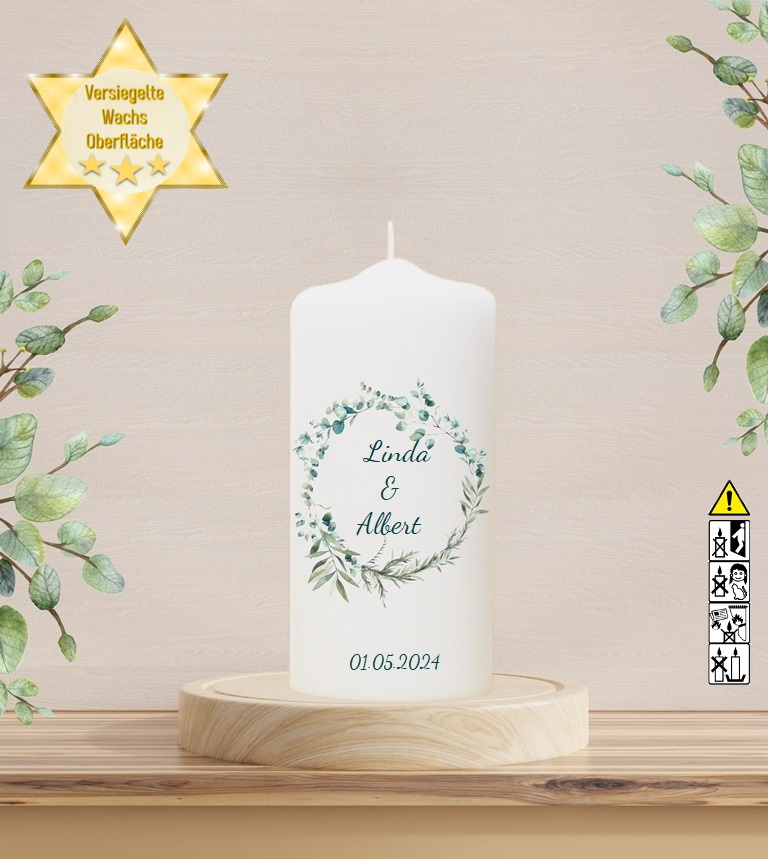 Personalisierte Hochzeitskerze "Eukalyptuskranz 3" 20 cm Personalisierte Hochzeitskerze "Eukalyptuskranz 3" 20 cm