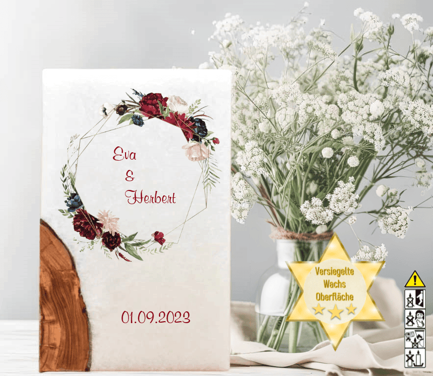 Hochzeitskerze mit Holzelement. Motiv: Rosenkranz günstig in unserem Onlineshop kaufen. Personalisierte Hochzeitskerze online kaufen