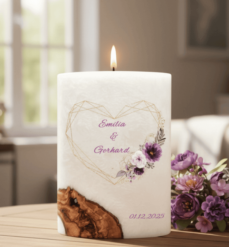 "Herz in Lila" Hochzeitskerze mit Holzelement 14 x 21 cm oval mit Teelicht oder Docht