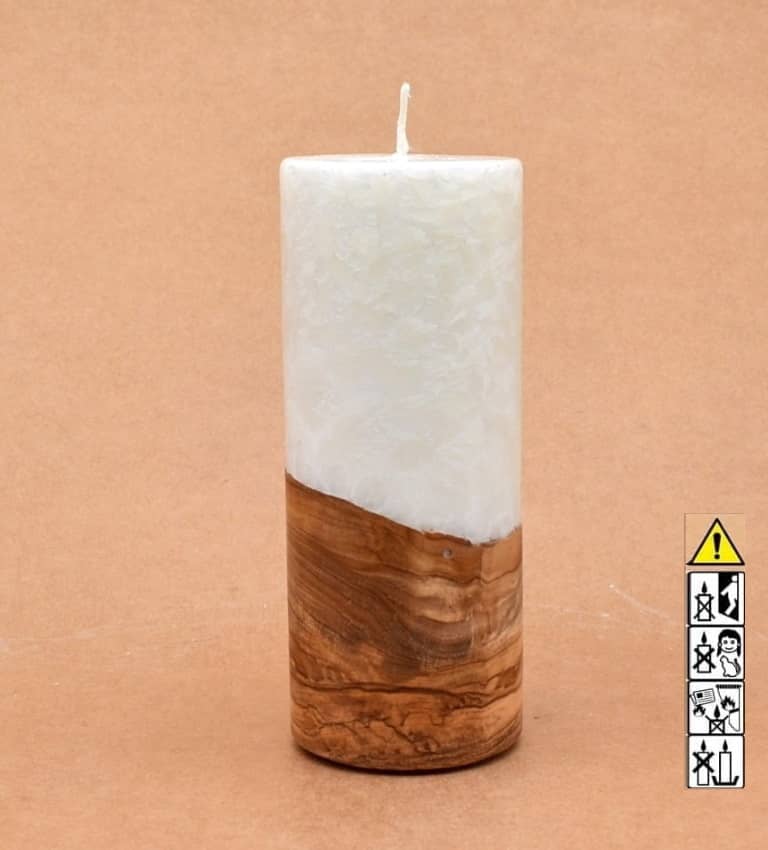 Zierliche Kerze mit Holz Unikat Rund 60 x 150 mm mit Docht Nr.: 2