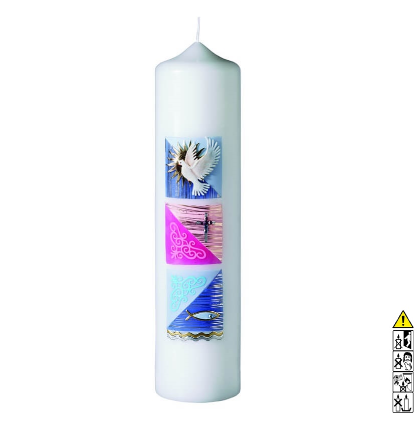 Taufkerze Taube Kreuz Fisch pink 250 x 60 mm Taufkerze kaufen mit Motiv Taube Kreuz Fisch pink 250 x 60 mm