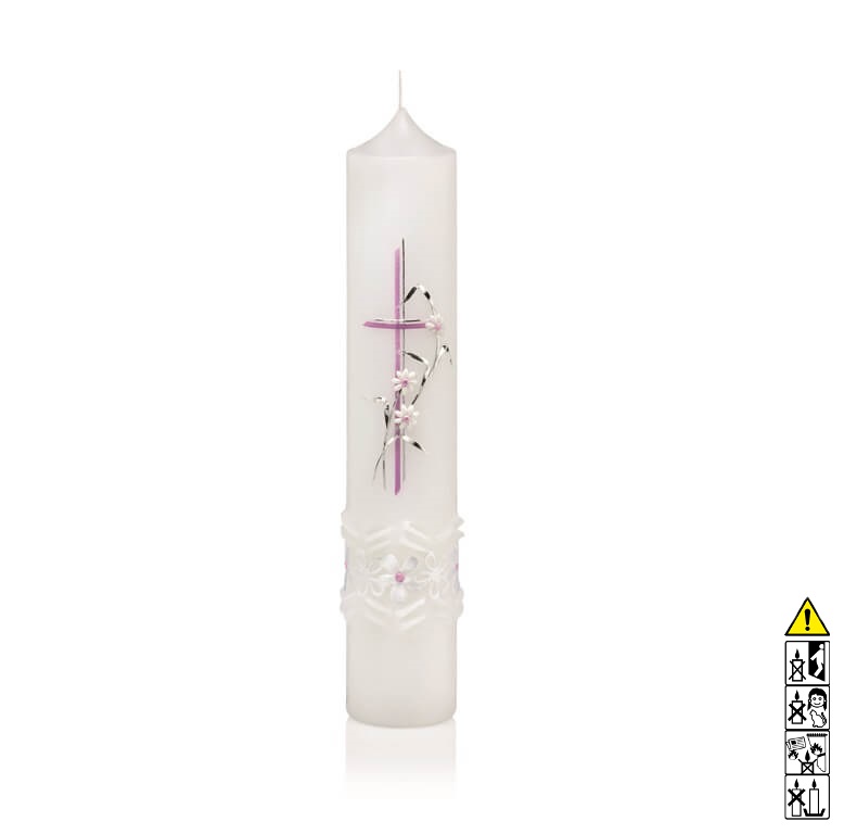 Taufkerze Mädchen Kreuz in Rosa mit Silberblumen und weißen Blumen als Kranz Hochwertige Taufkerze Mädchen Kreuz in Rosa mit Silberblumen und weißen Blumen als Kranz 265 x 50 mm
