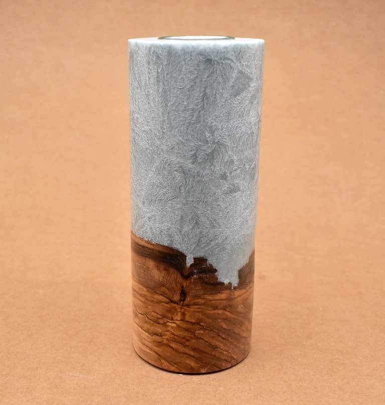 Kerze mit Holz Unikat Rund 80 x 200 mm mit Teelicht in silbergrau Nr.: 4