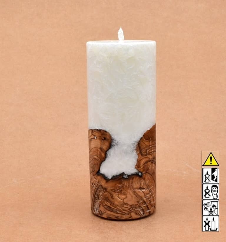 Zierliche Kerze mit Holz Unikat Rund 60 x 150 mm mit Docht Nr.: 1