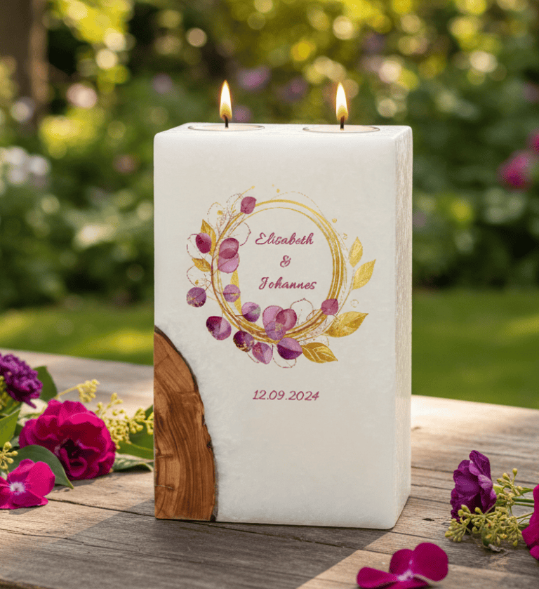 "Eukalyptus Bordaux" Hochzeitskerze mit Holz und 2 Teelichter 14 x 21 cm