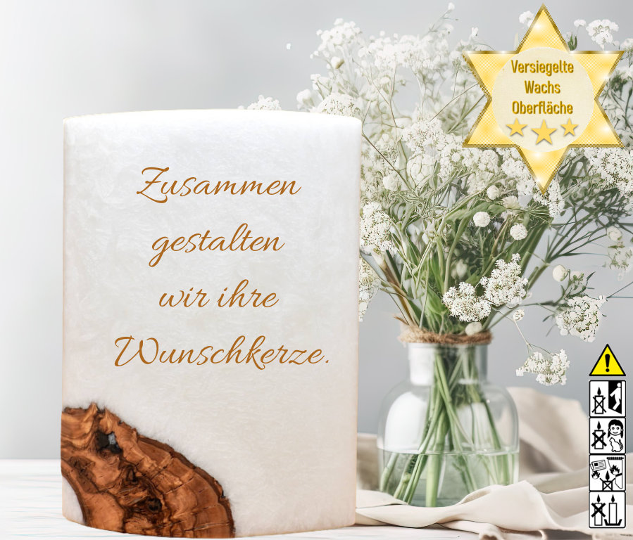 Hochzeitskerze 14 x 21 cm oval mit Holzelement "selbst gestaltet" Hochzeitskerze 14 x 21 cm oval mit Holzelement "selbst gestaltet"